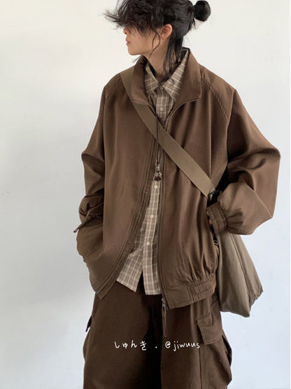 Vintage Stand Collar Cargo Jacket – Unisex Raglan Zip