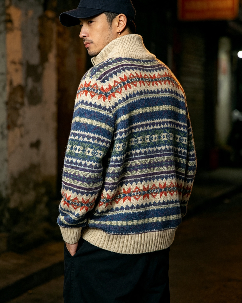 100% Wool Half-Zip Jacquard Stripe Sweater – Men's Ethnic Knit Pullover Khaki