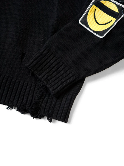 Classic Cut-Out Smiley Face Badge Sweater - Distressed Crew Neck (25AW)