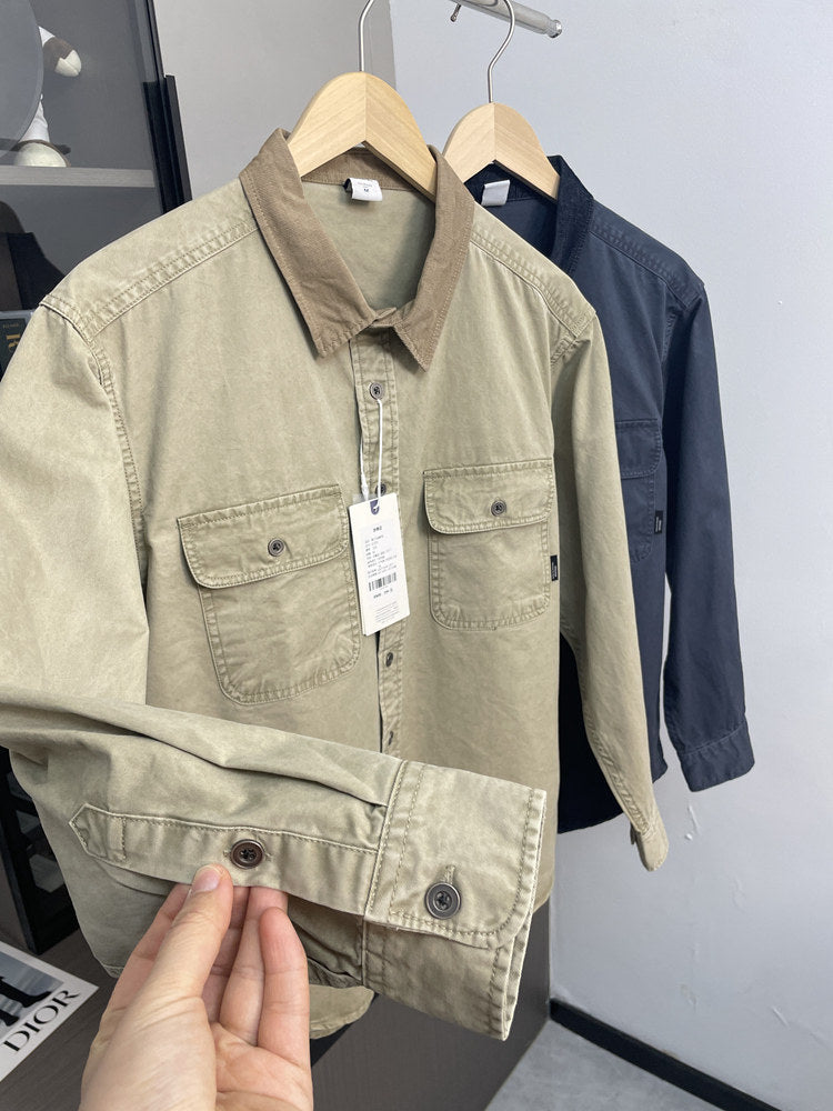 Contrast Stitch Lapel Cotton Shirt – American Retro Workwear Pocket Unisex – Coats Jackets | japanese streetwear | vintage workwear | unisex | Yamalinclothes