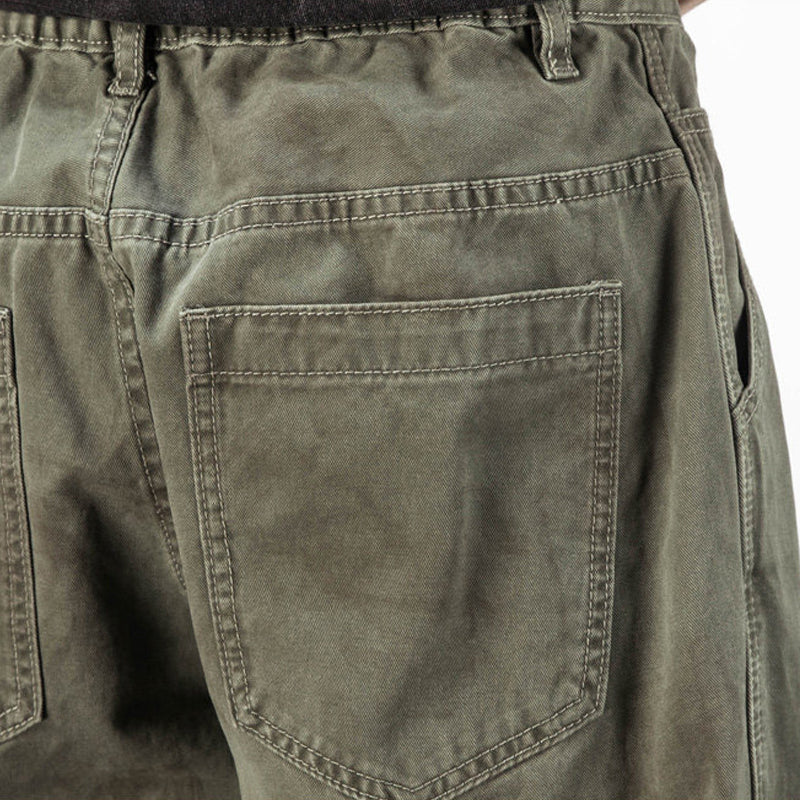 Army Green Straight Loose Elastic Waist Workwear Jeans – Unisex Casual