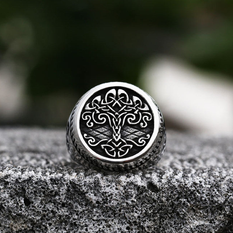 Tree of Life Titanium Steel Ring – Nordic Viking Engraved Men's Statement Ring