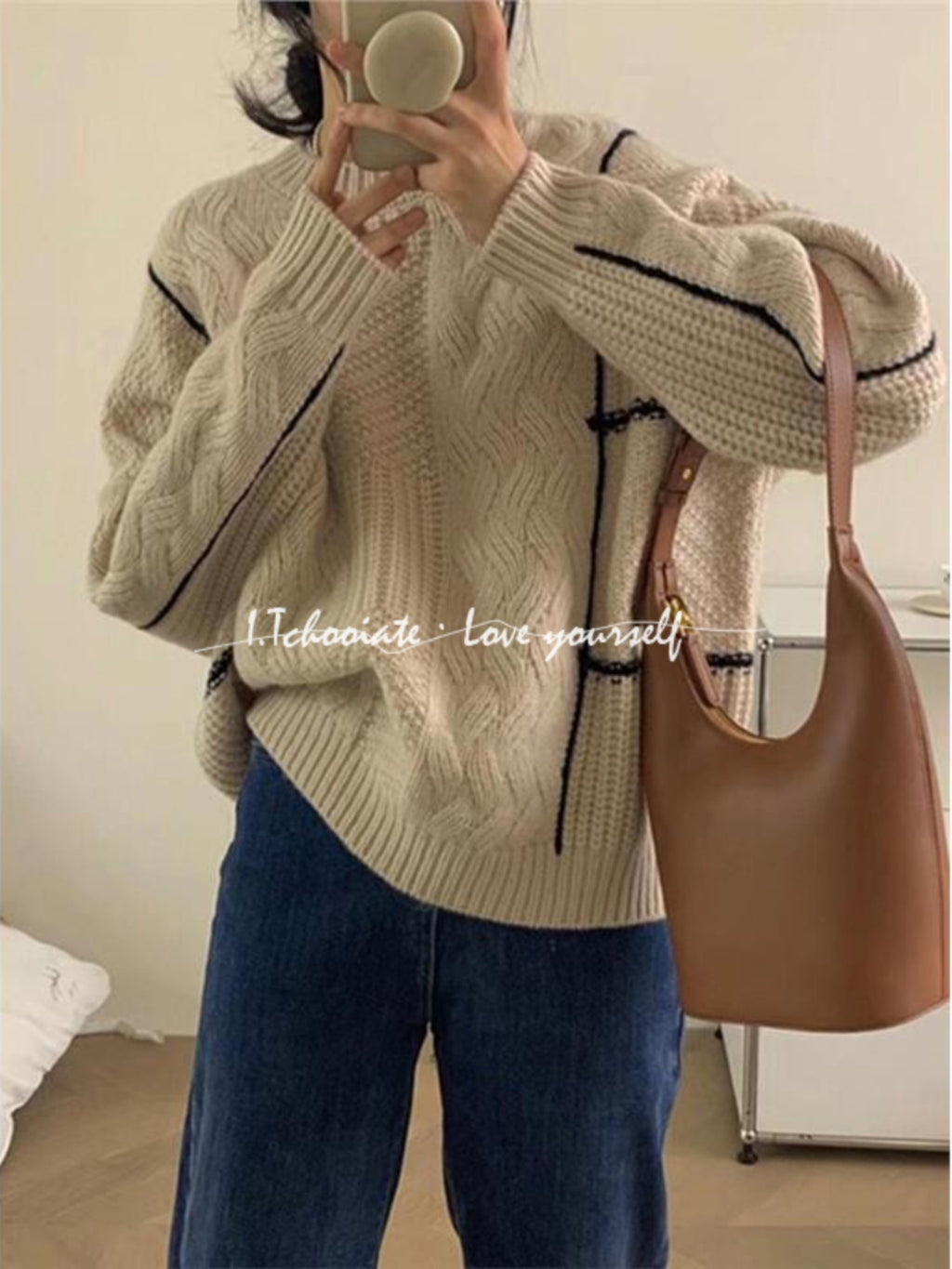I.Tchooiate Retro Japanese Style Lazy Round Neck Cable Knit Sweater for Women, Thickened Design Top for Autumn and Winter