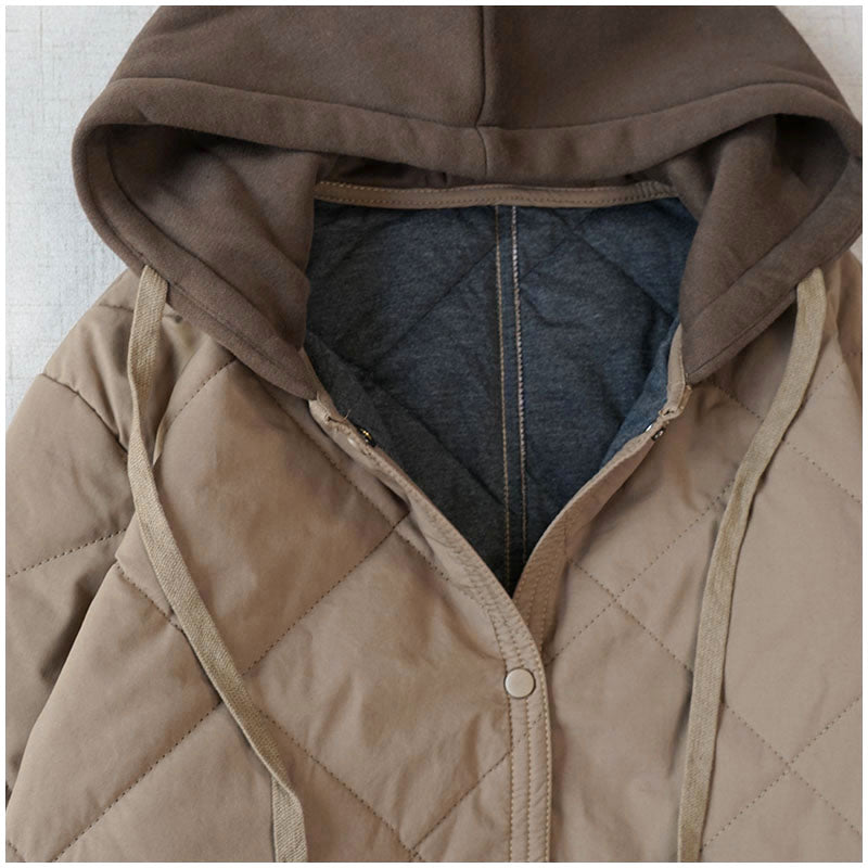 Warm Mid-Length Hooded Quilted Cotton Jacket – Loose, Retro Japanese Outerwear for Women