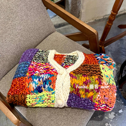 Women's 2025 Autumn Winter Heavy Craft Cardigan - Handmade Thick-Knit Colorful Plaid Knitted Sweater Coat