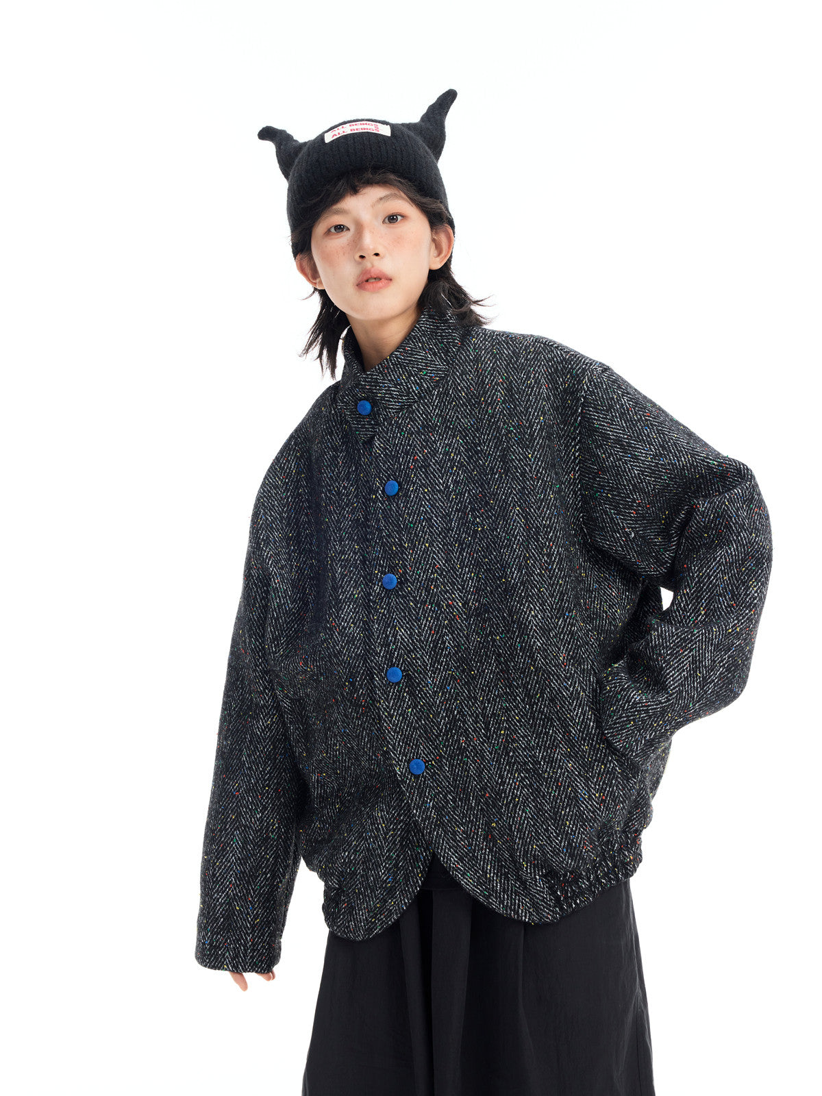 Japanese Retro Color-Block Herringbone Wool Coat - Curved Stand Collar (Women)