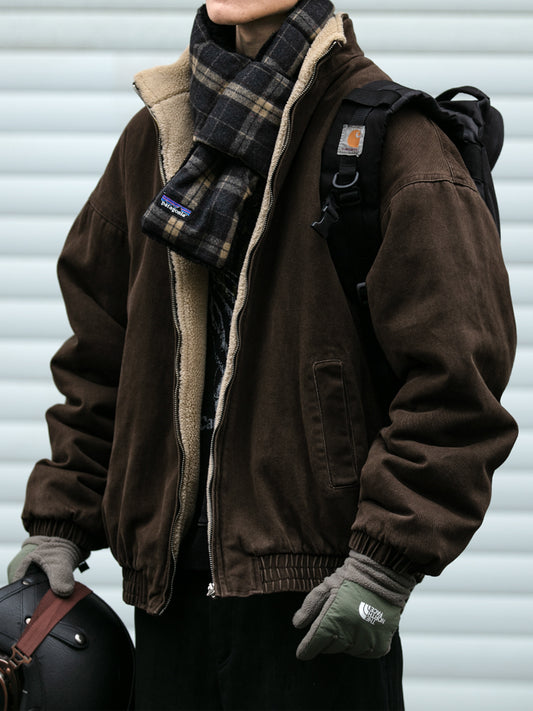 Men's Japanese Retro Lamb Wool Jacket - Thickened Stand Collar Couple Cotton Coat