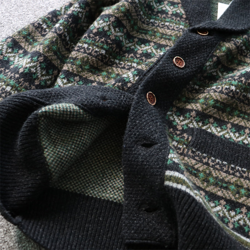 Heavyweight Color-Block Wool Cardigan Jacket – Retro Warm Knit (Unisex)