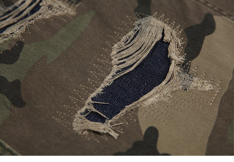 Men's American Street Retro Cargo Pants - Camouflage Heavy Washed Ripped Straight-Leg Pants