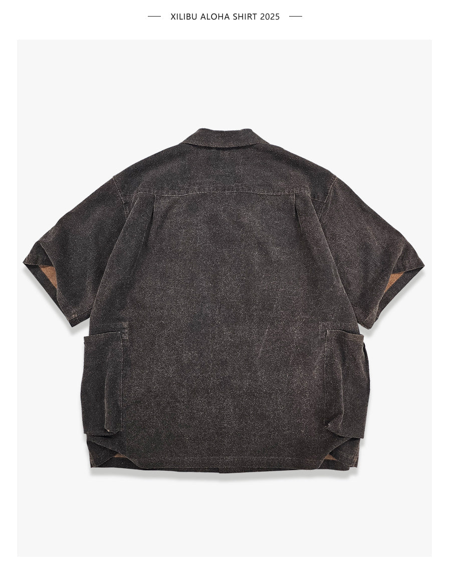 Wild Silk Cuban Collar Half Sleeve Shirt Men's Dye Yam Dyed Tussah Silk Aloha Retro Short Sleeve Shirt Summer