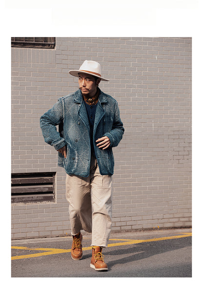Retro Sashiko Washed Double-Breasted Jacket – Heavy Indigo Denim Workwear (Unisex)
