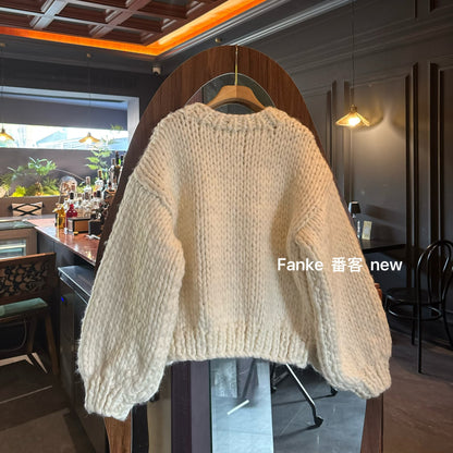 Women's Autumn Winter Thick Knitted Cardigan - Sweet Lazy Style V-Neck Buttoned Short Sweater Coat