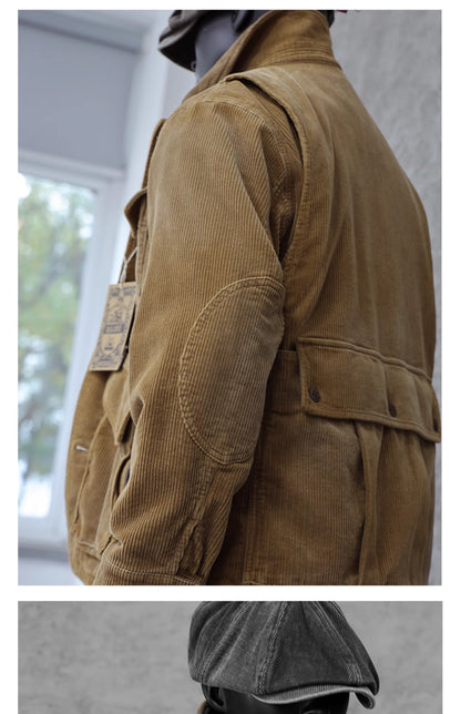 Corduroy Western Hunting Jacket for Men, Washed Multi-Pocket Outdoor Adventure Workwear Retro Windbreaker Jacket