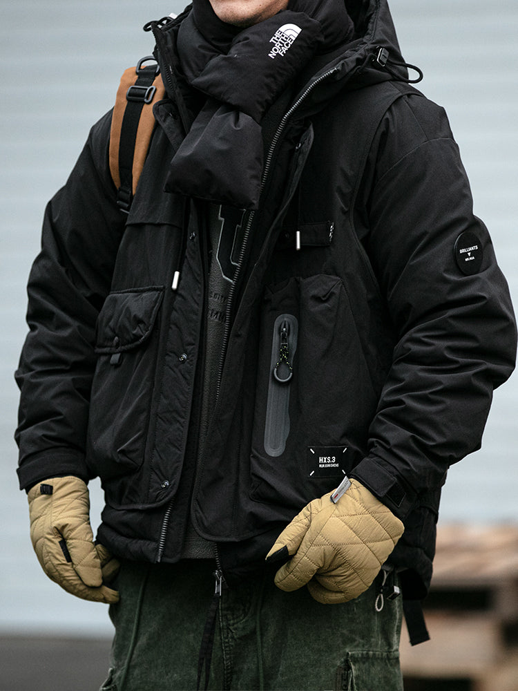 Winter Workwear Hooded Down Jacket Men's Trendy Loose Outdoor Multi-Pocket Functional 90% White Duck Down Warm Coat Trendy