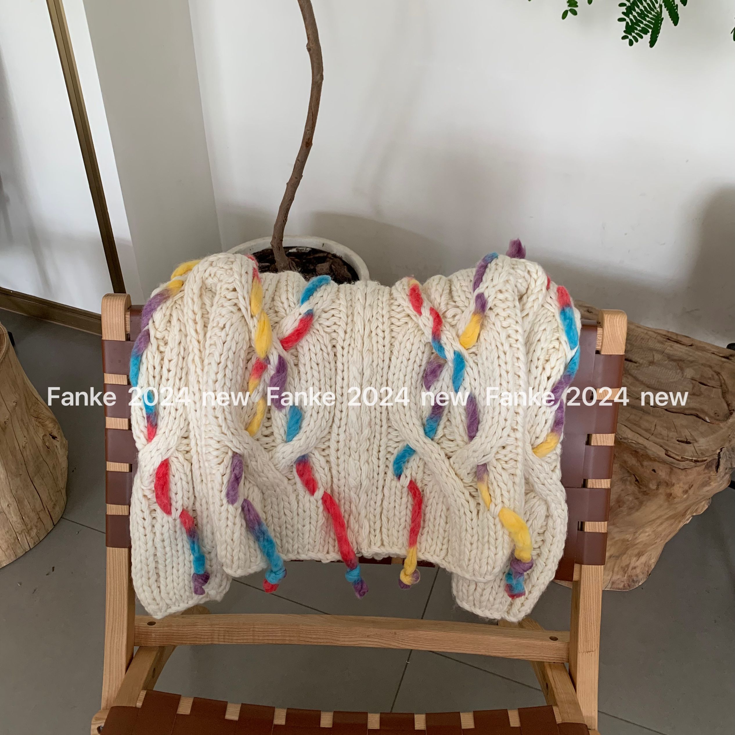 Vintage Heavy Handmade Chunky Knit Round Neck Colorful Tassel Cable Knit Cardigan Sweater Coat Top Niche Women