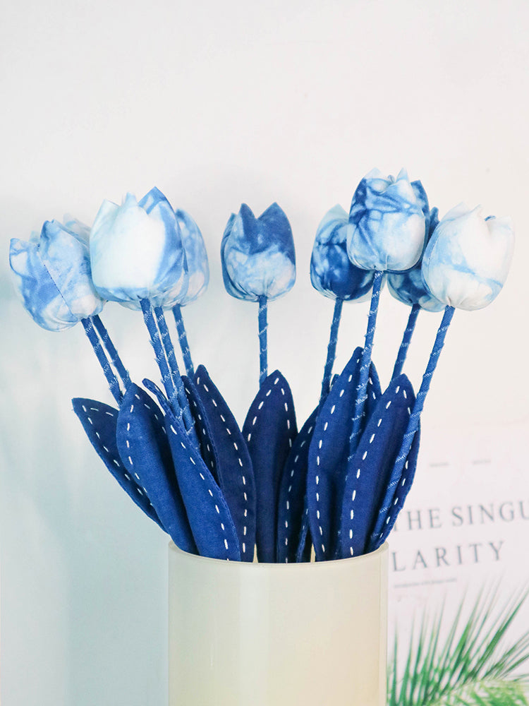 Tie-Dye Creative Gift Tulip Handmade DIY Fabric Artificial Flower Blue-Dye Environmental Creative Home Decor Homestay Soft Decoration Ornament