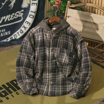 Men's Japanese Style Fake Two-Piece Hooded Plaid Cotton Jacket