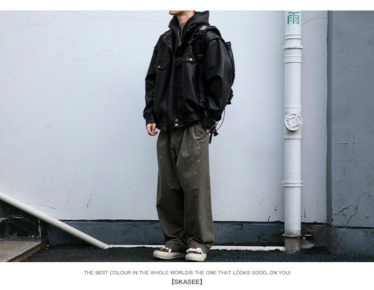 Men's American Retro Leather Jacket - Lychee Grain Stand Collar Motorcycle Coat