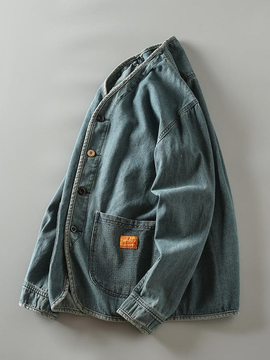 Autumn New Japanese Retro Washed Cotton Men's Casual Versatile Collarless Denim Jacket Coat Trend