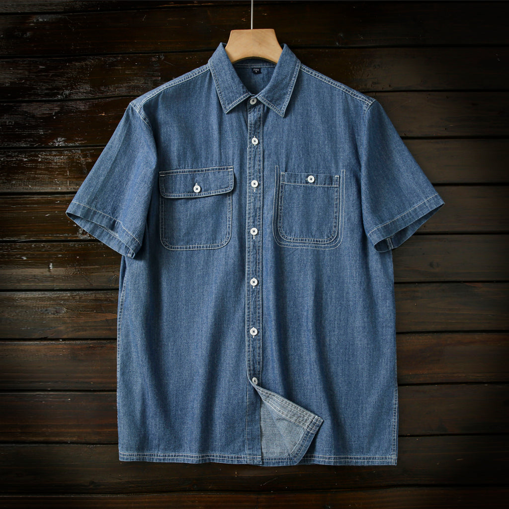 Pure Cotton Enzyme Wash! Export Surplus Men's Summer Turn-down Collar Denim Short Sleeve Shirt Top