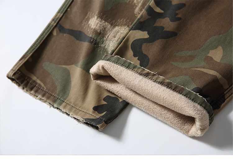 Men's American Street Retro Cargo Pants - Camouflage Heavy Washed Ripped Straight-Leg Pants