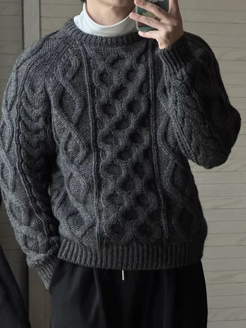 Fisherman-Style Aran Wool Sweater – Thick Knit Retro Khaki Unisex