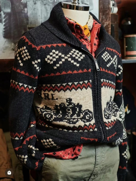 RRL Motorcycle Club Jacquard Cardigan – Heavy Retro Green Knit (Unisex)