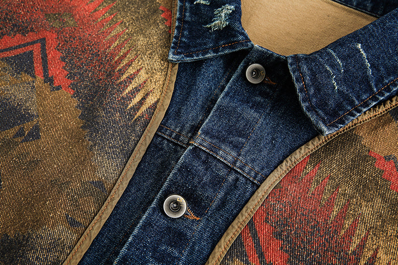 Shanwu Patchwork Blue Lapel Jacket – Retro American Streetwear, Unisex