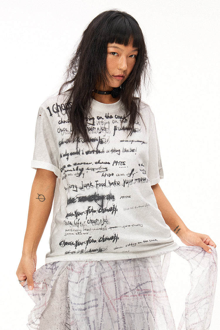 Handwritten Print Soft Skin-friendly Distressed Loose Short Sleeve T-shirt