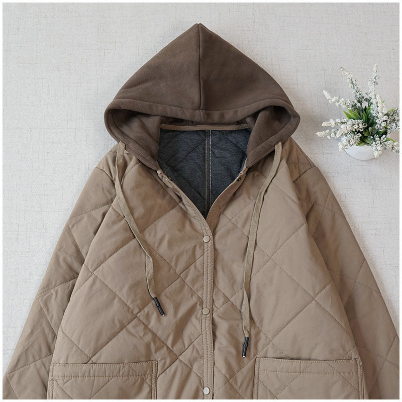 Warm Mid-Length Hooded Quilted Cotton Jacket – Loose, Retro Japanese Outerwear for Women