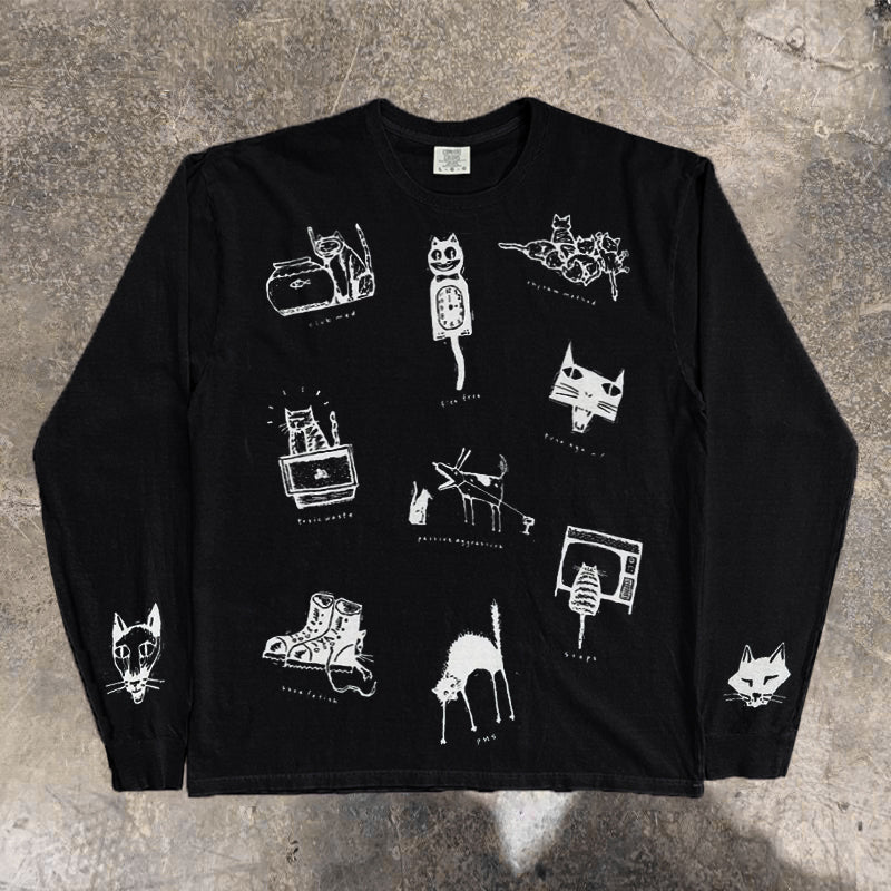 Bomba Studio Cat Print Long-Sleeve Tee — Retro Hong Kong Student Streetwear