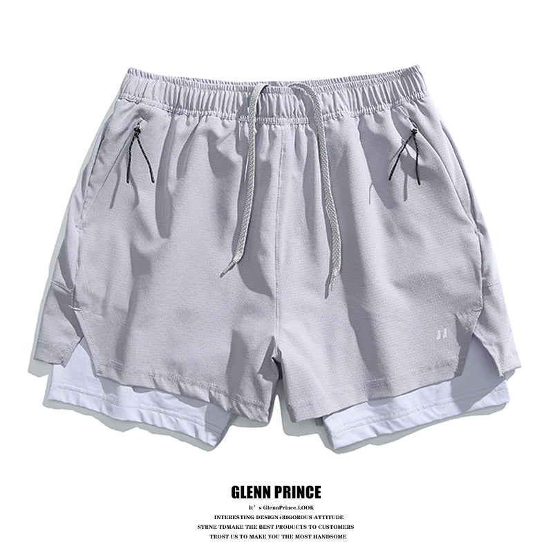 Summer Outdoor Fake Two-Piece Double-Layer Running Sports Shorts for Men Anti-Exposure Quick-Dry Cycling Training Shorts