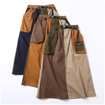 Japanese-Style Patchwork A-Line Skirt – Retro Loose Fit with Elastic Waist & Pockets