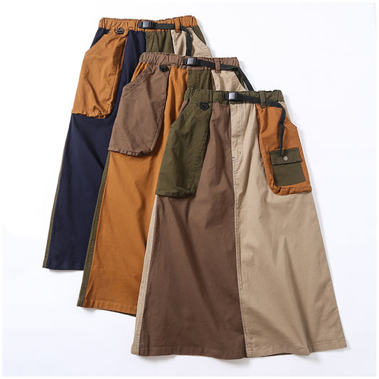 Japanese-Style Patchwork A-Line Skirt – Retro Loose Fit with Elastic Waist & Pockets