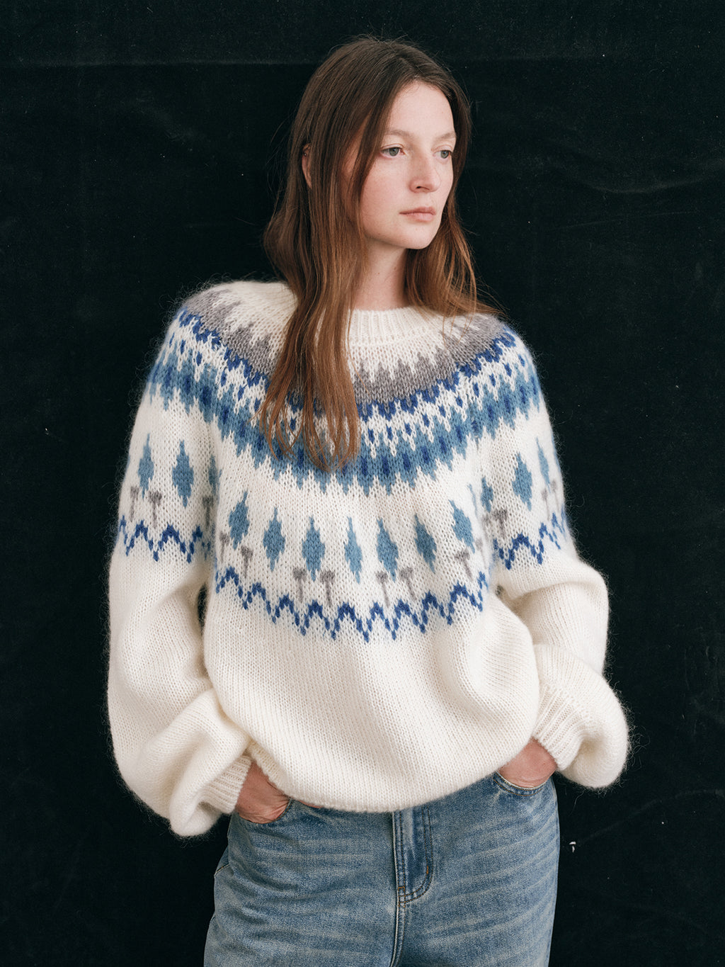 Shyshy Natural Color Block High-Price Mohair Fair Isle Sweater for Women Autumn Winter High-End Loose Pullover Top