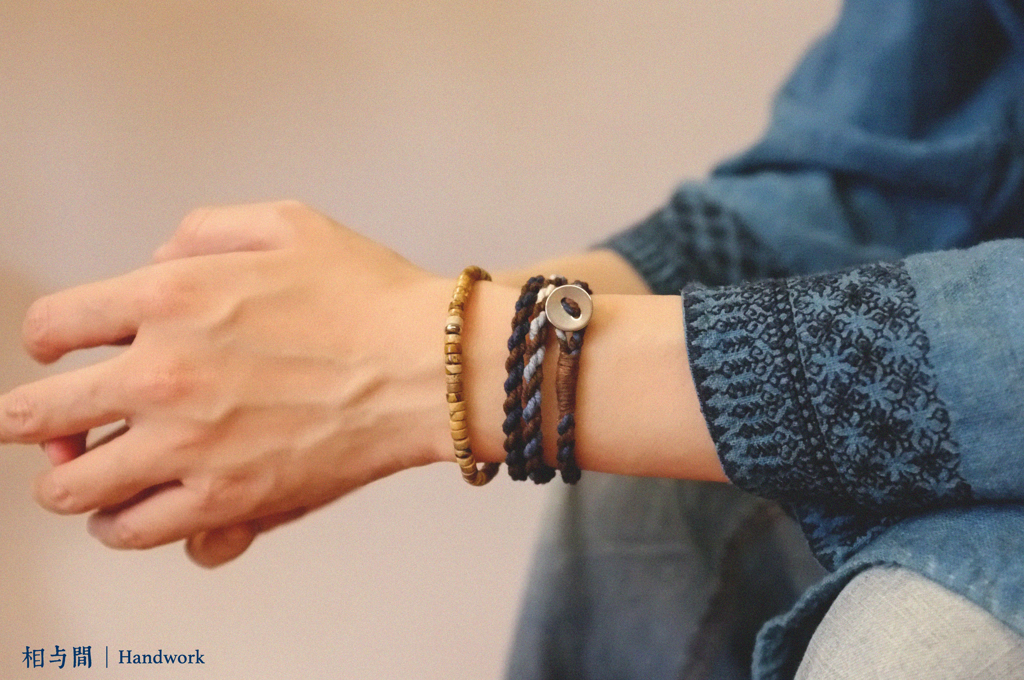 Original Four-Strand Weaving Blue Dye + Persimmon Dye Bracelet Cotton Linen Niche Couple Retro Multi-Hoop Bracelet