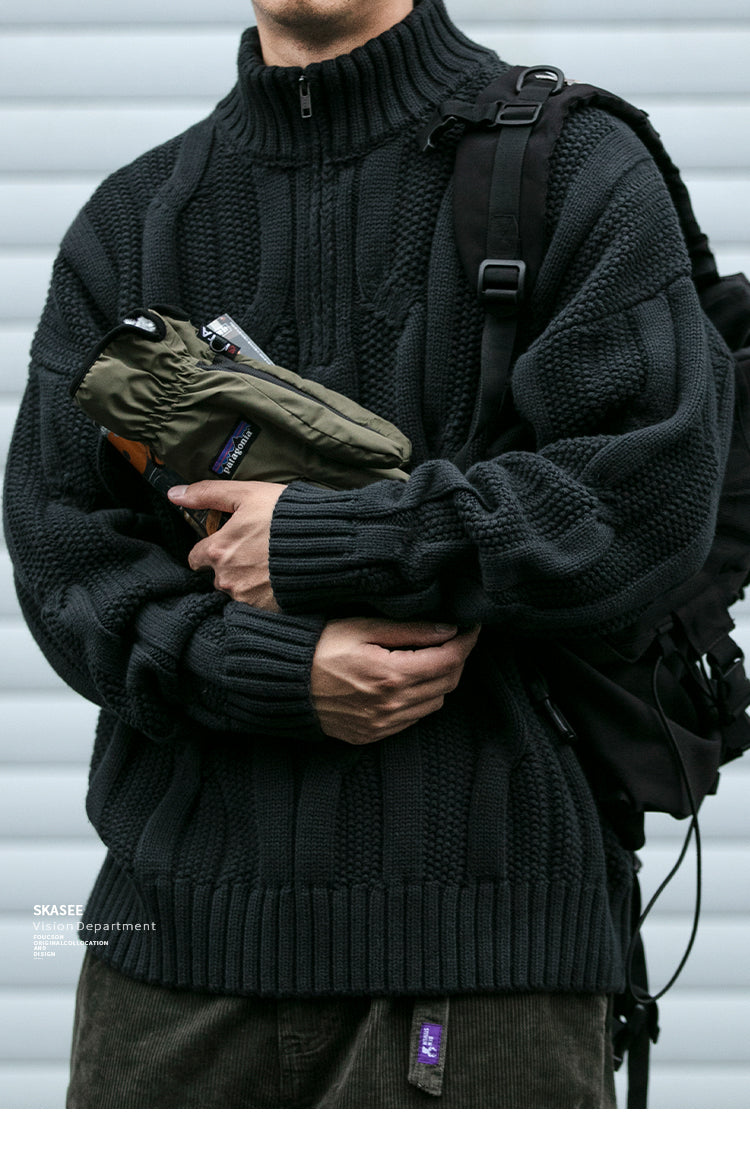 Winter Heavyweight High Grammage Non-Itchy Thick Cable Knit Stand Collar Pullover Sweater American Retro Half-Zip Thickened Coat