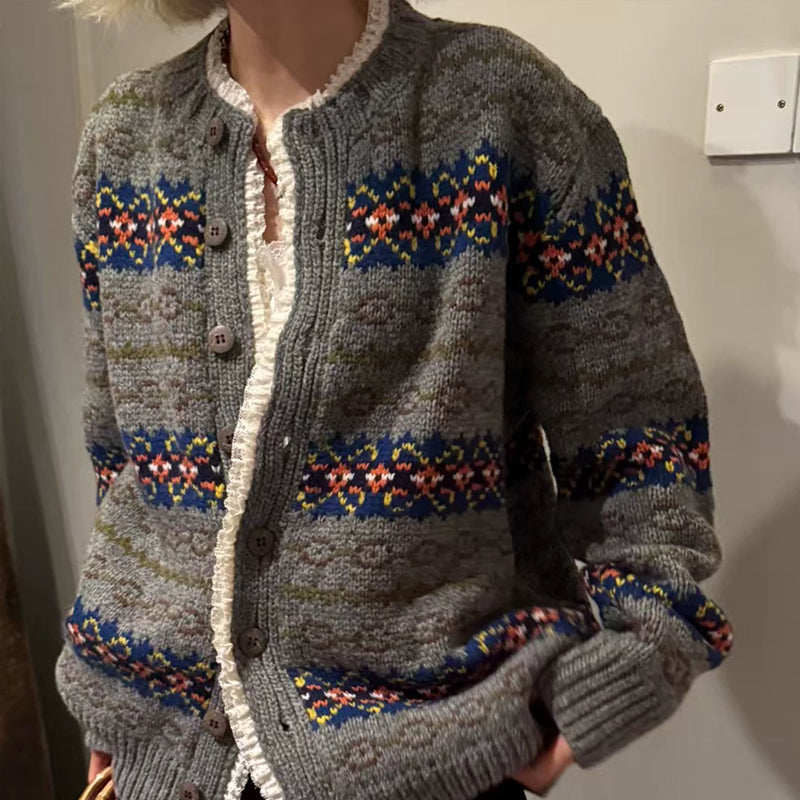 South Korea Nine-Bananas Fair Isle Lace-Trim Sweater Coat – Vintage Wool Blend, Cozy Retro Statement