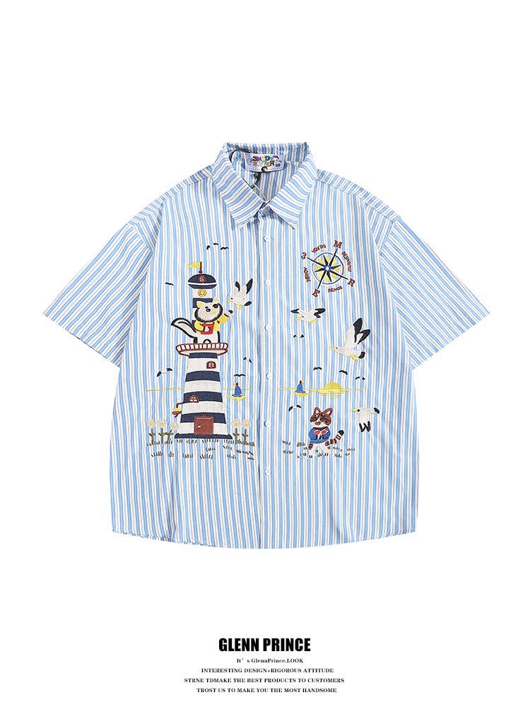 Japanese Style Trendy Cartoon Embroidery Vertical Striped Short Sleeve Shirt for Men Summer Loose Couple Half Sleeve Shirt