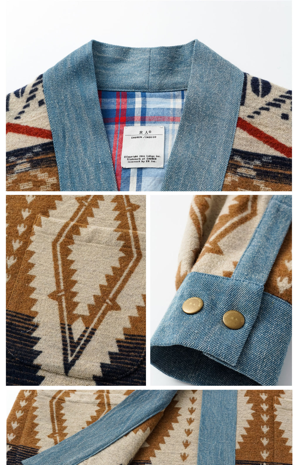 Woodbowl.2023aw Navajo/Woolen Jacket Wool Fabric Tie Ethnic Robe