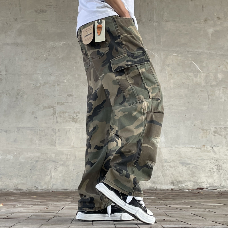 Men's American Street Retro Cargo Pants - Camouflage Heavy Washed Ripped Straight-Leg Pants