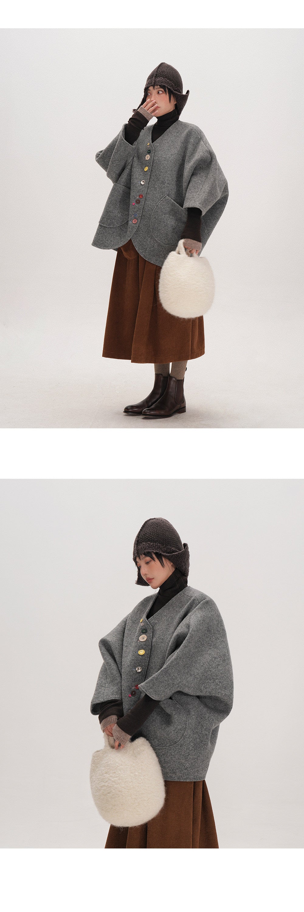 Smoke Gray Composite Wool Batwing Sleeve Cardigan - Irregular Button Coat (Women)