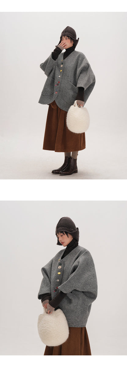 Smoke Gray Composite Wool Batwing Sleeve Cardigan - Irregular Button Coat (Women)