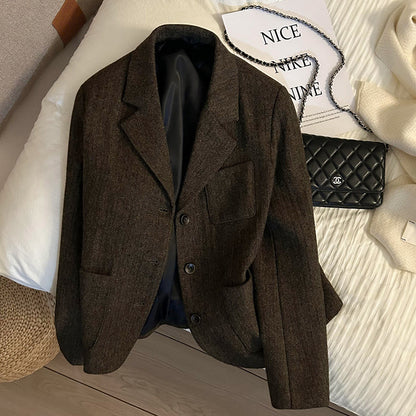 Coffee Retro Herringbone Wool Blazer - High-End Fashion Jacket 2025 (Women)