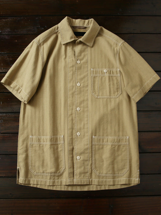 100% Cotton Herringbone Summer Men's Loose Casual Short Sleeve Work Shirt Top