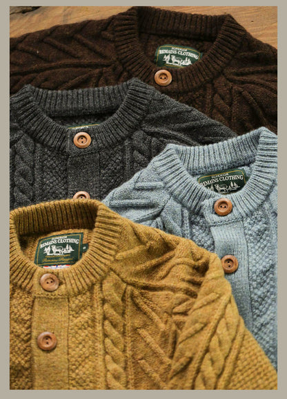 Traditional Aran Fisherman Sweater – Jacquard Knit Crewneck Cardigan (Unisex)