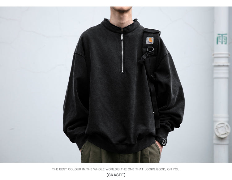 Unisex 465g Washed Vintage Sweatshirt - Boxy Half-Zip Snowflake Knit Pullover