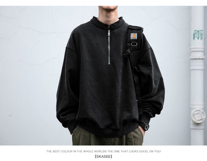 Unisex 465g Washed Vintage Sweatshirt - Boxy Half-Zip Snowflake Knit Pullover