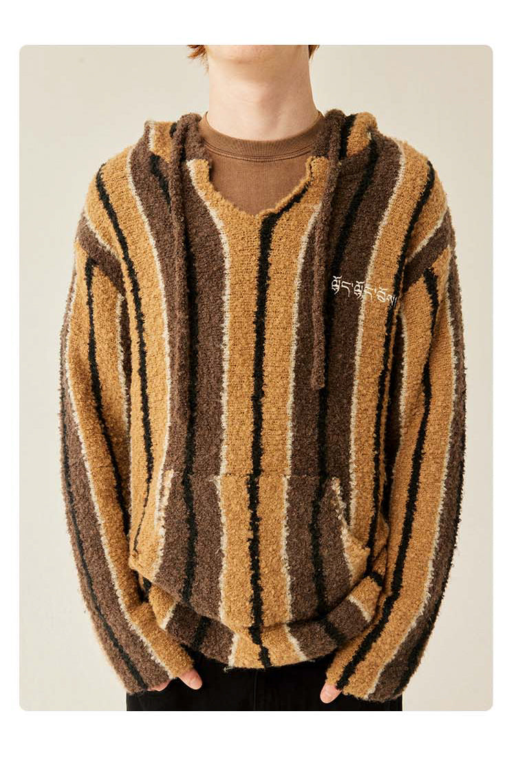 MEDRIA Retro Striped Wool Blend Tibetan Hoodie Autumn Winter Lazy Style Knitted Sweater Unisex Hooded Jacket