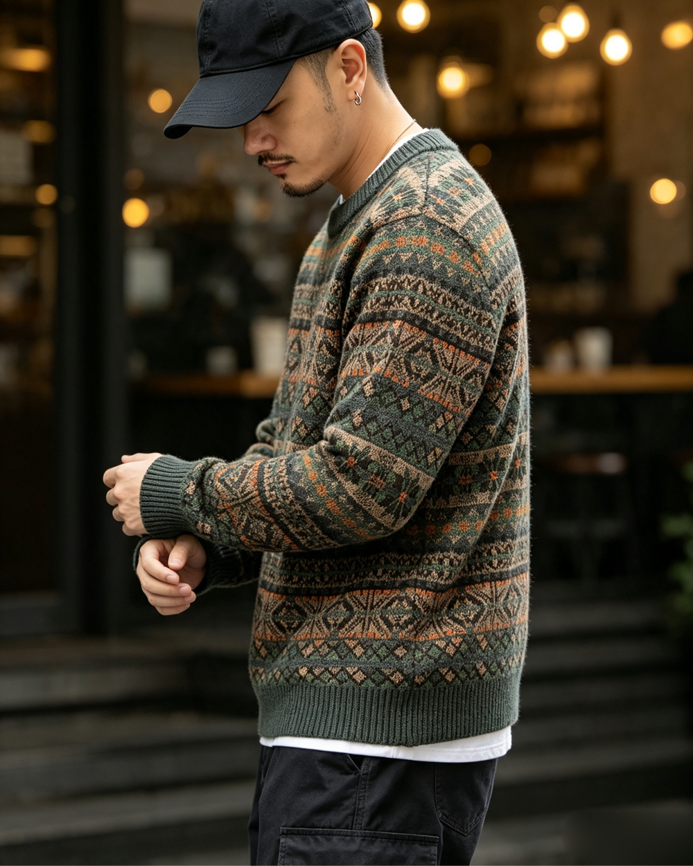 100% Wool Jacquard Stripe Crew Neck Sweater – Men's Thick Knit Pullover
